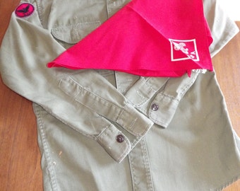 1960 Vintage Boy Scouts Uniforme Camisa Parche y Bufanda Roja Bandanna 14-16