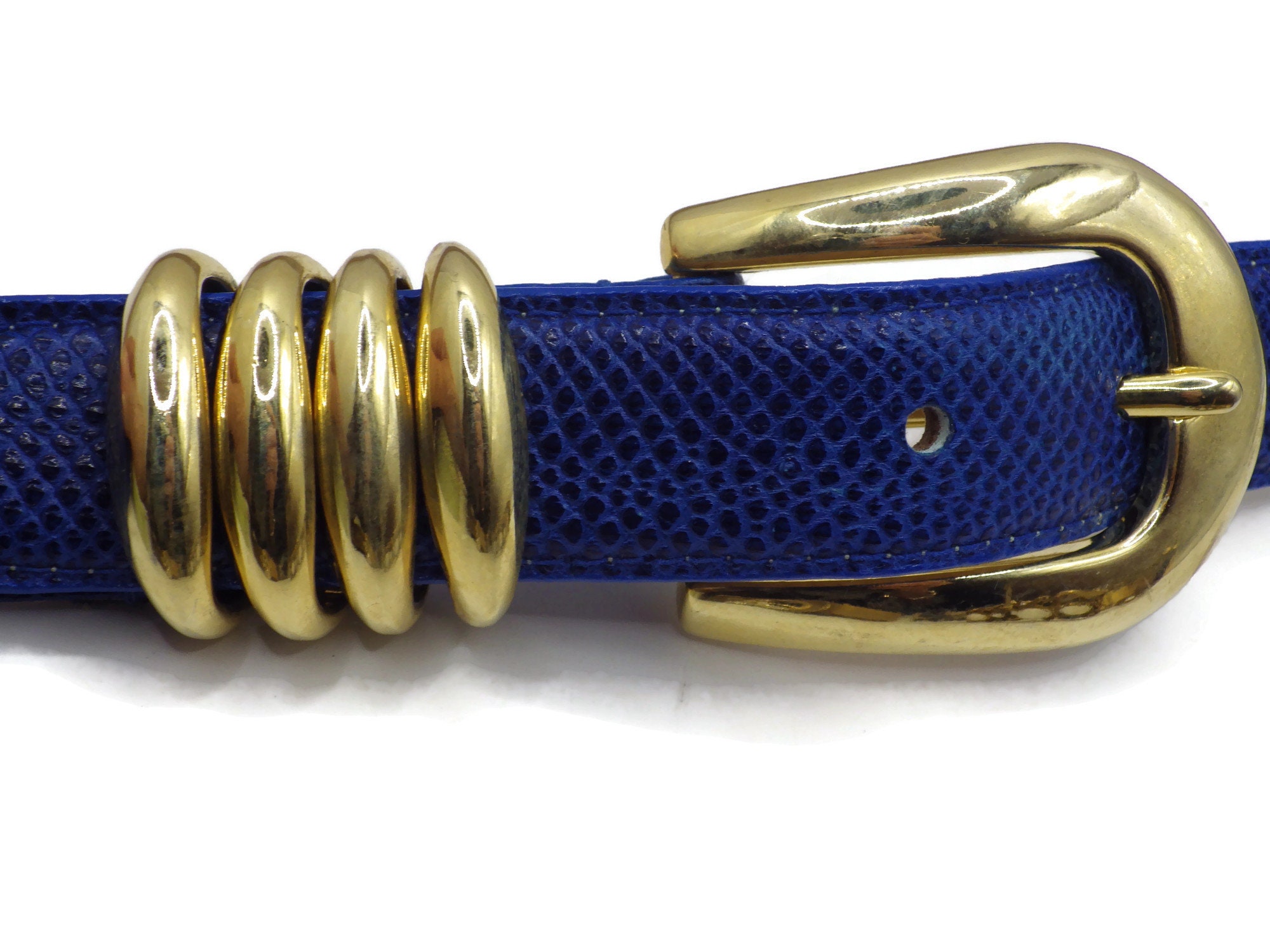 Vintage Linda Allard Belt/ Royal Blue Snakeskin/ Gold Buckle  display picture 3