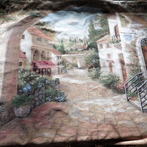 1980s Vintage Vivian Flasch Large Tapestry Wall Hanging &quot;Quaint Town&quot; Large 50&quot; X 70&quot;