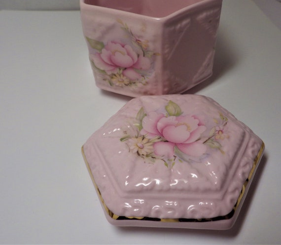 Vintage Trinket Box Pink Rose CROWN Bone China En… - image 4