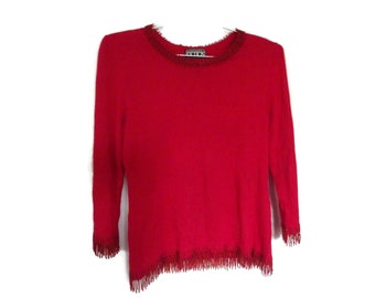 MargueriteMix Vintage Berek Red Pullover Sweater Beaded Fringe Size Medium