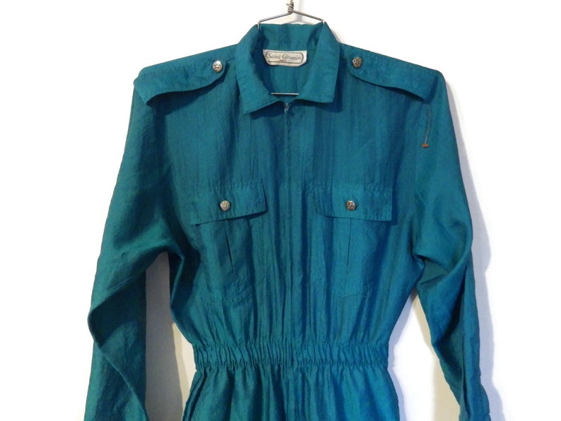 1970s Vintage Jumpsuit Saint Germain Paris Front Zip Epaulets Jade Green Pockets Size image 4