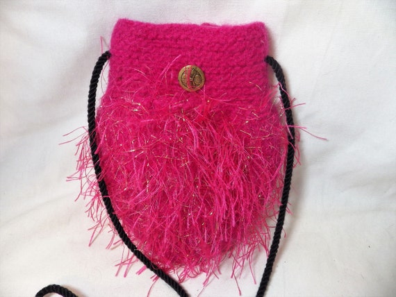 1980s Small Knit Pouch Handbag Hot Pink Eyelash Y… - image 1