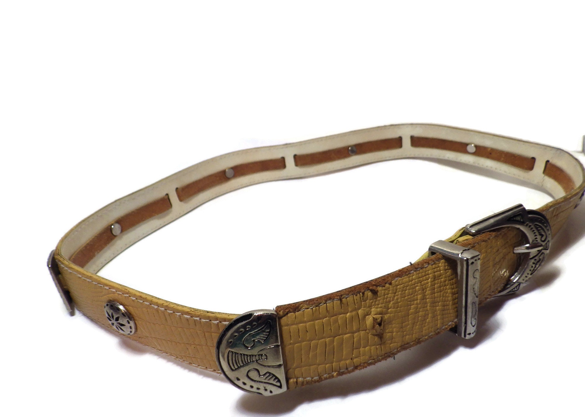 Vintage MILOR Leather Belt/ Pale Yellow/ Silver Buckle/ Tip 
