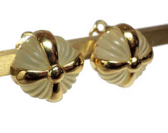 1980s Vintage Earrings REPLICA Clip Translucent Tufted Round with Goldtone Made in Italy