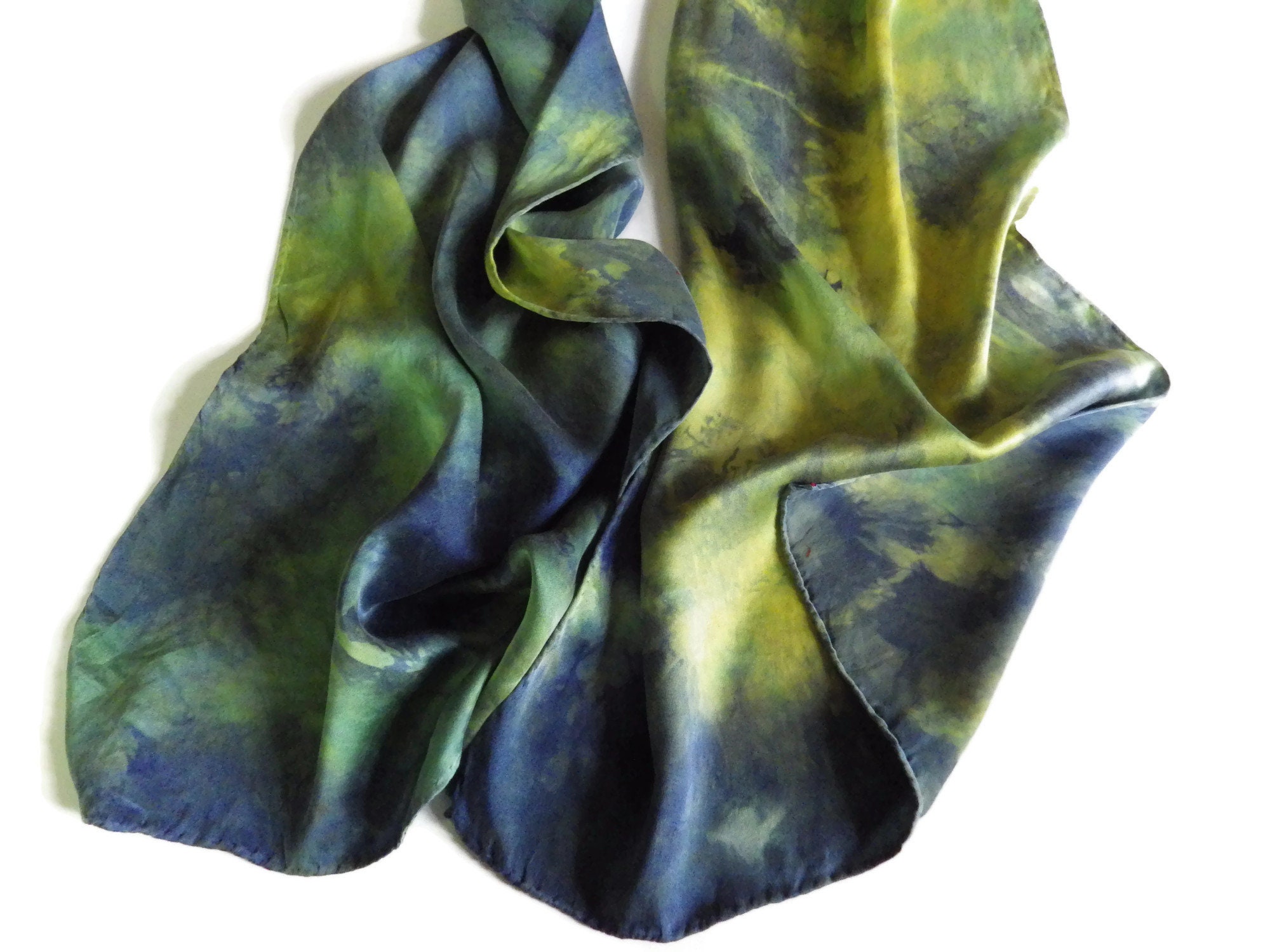 Shibori Dyed Silk Scarf/Blue/ Green/ Yellow/14" X 69"