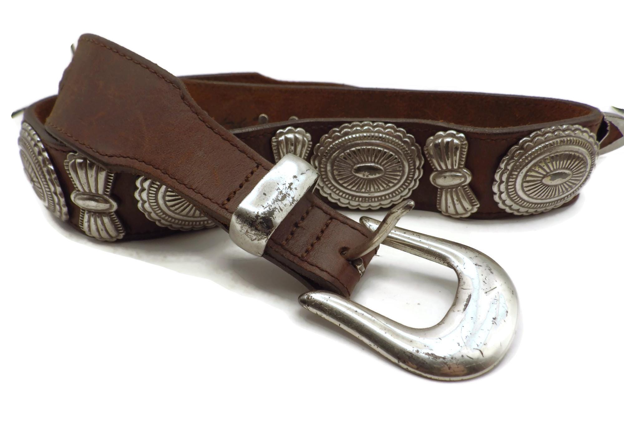 Vintage Y2K Billy Belts Size 28. Calif Western Leather Belt with Silver Conchos. Vintage Western Concho Belt Heavy Silver Tone Metal Billy  main image 4