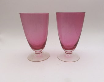 Two Footed Juice Glasses / Pink Cranberry Bowl/ Clear Foot