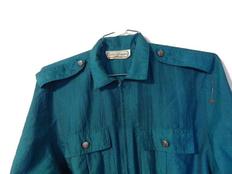 1970s Vintage Jumpsuit Saint Germain Paris Front Zip Epaulets Jade Green Pockets Size image 2