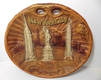 Vintage NYC Souvenir Tray: Faux Bois Plaster Plate