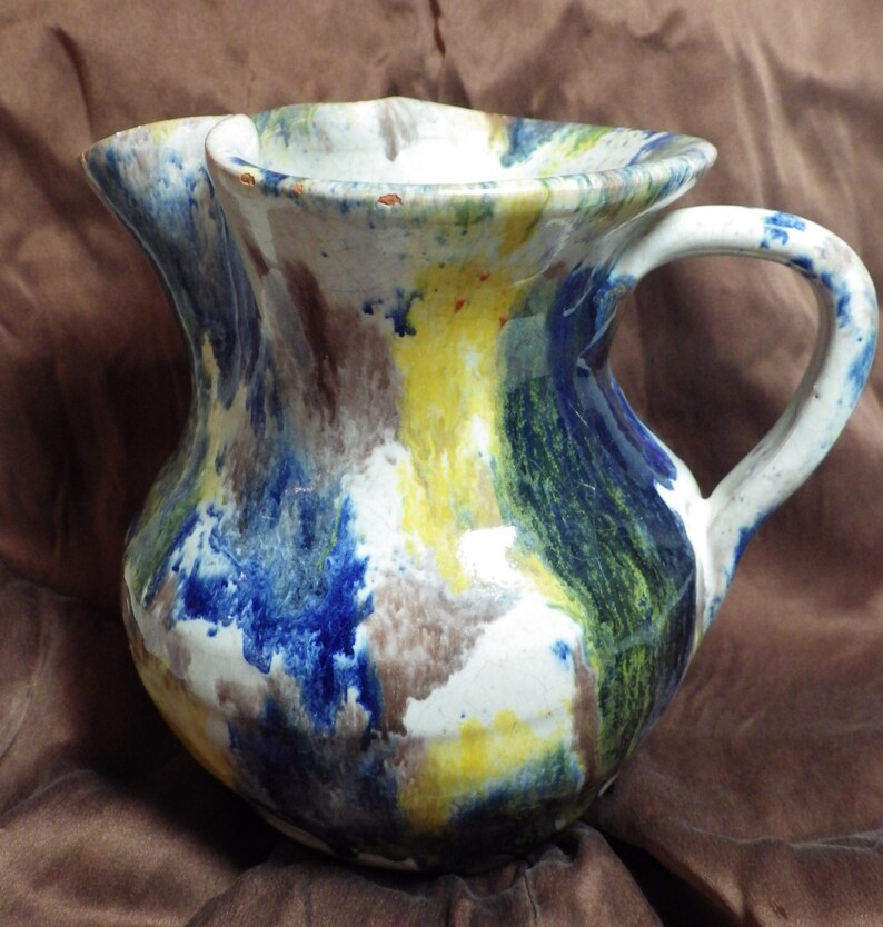 Early Unsigned Cole Pottery Milk Pitcher Squat Jug Multi Color Etsy