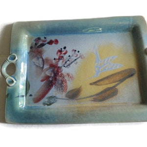 Studio Pottery Handled Tray/ Hand Painted Botanical Design/ Signed "PR"