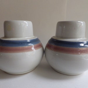 1990s Pair Noritake Timberlake Hurricane Candle Lamp Stoneware Bottom (2) Rust and Blue Bands