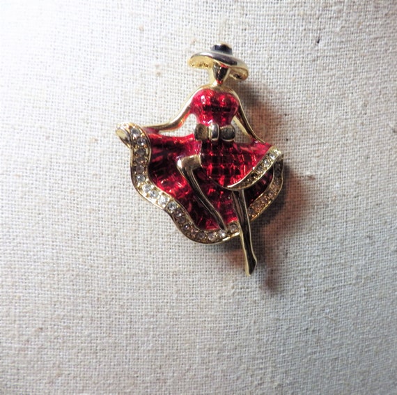Vintage Pin Brooch Woman Dancer Red Enamel Rhines… - image 5