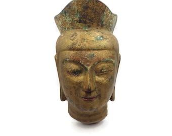 Cast Metal Buddha Head/ Antiqued/ Wall Art