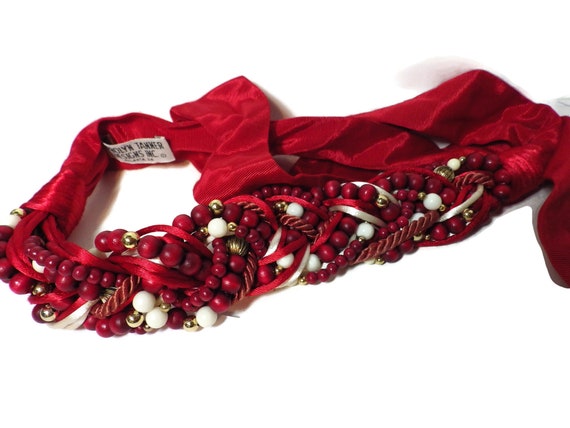 1980s Vintage Carolyn Tanner Beaded Belt Red & White Cords  display picture 3