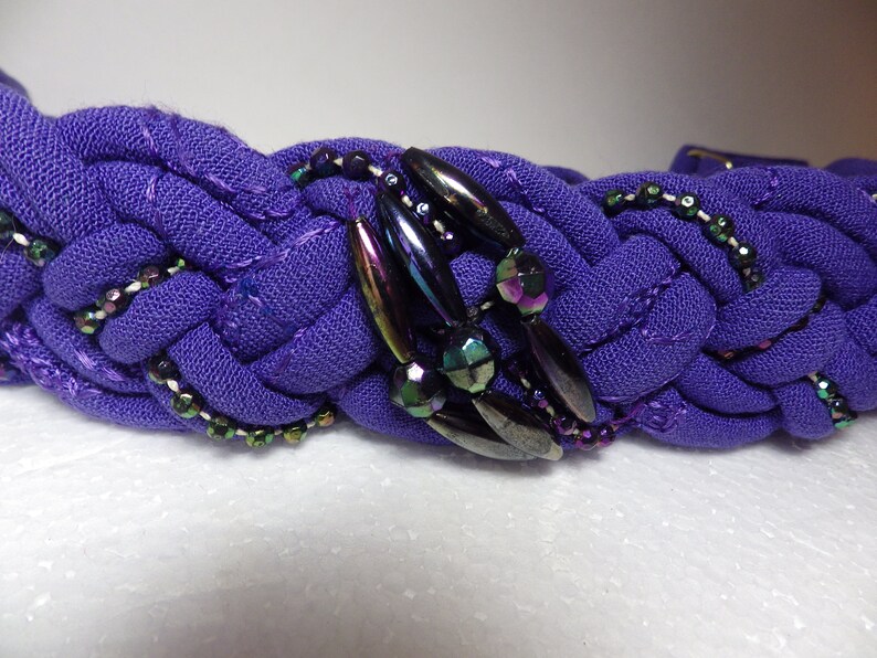 1970s Vintage Belt Braided Beaded Purple Fabric Adjustable Hook and Loop