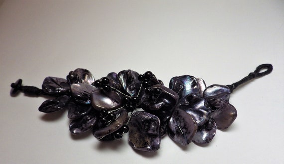 1990s Artist Made Bracelet Gray Black Floral Hand… - image 5