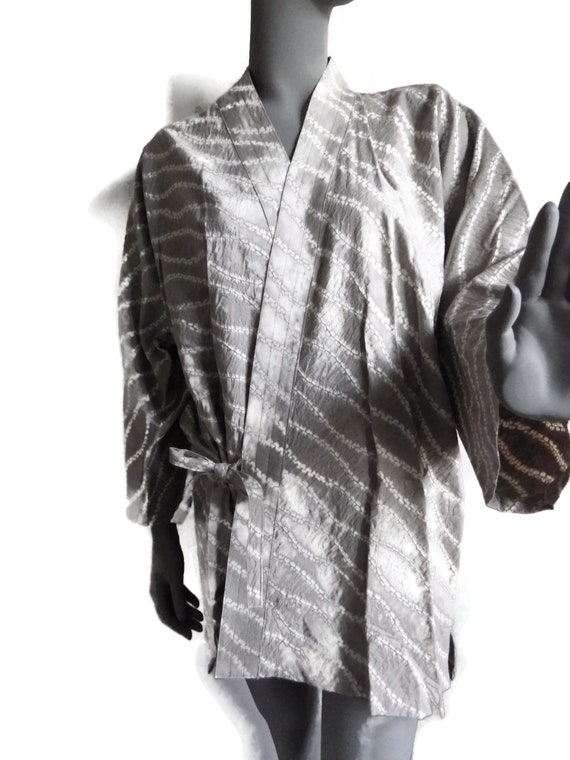 Authentic Japanese Shibori Dyed Kimono Gray & Whit