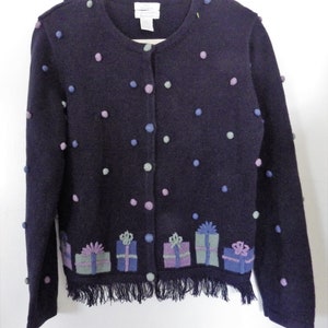 Vintage Christopher & Banks Cardigan Sweater Hand Embroidered Birthday Christmas Presents Navy Blue Size MEDIUM image 1