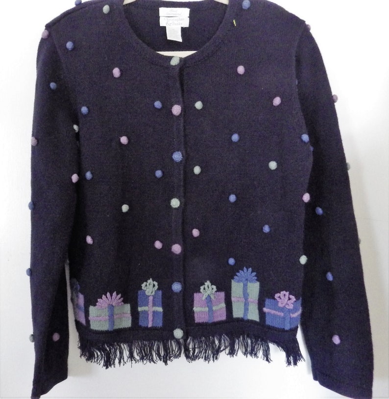 Vintage Christopher & Banks Cardigan Sweater Hand Embroidered Birthday Christmas Presents Navy Blue Size MEDIUM image 1