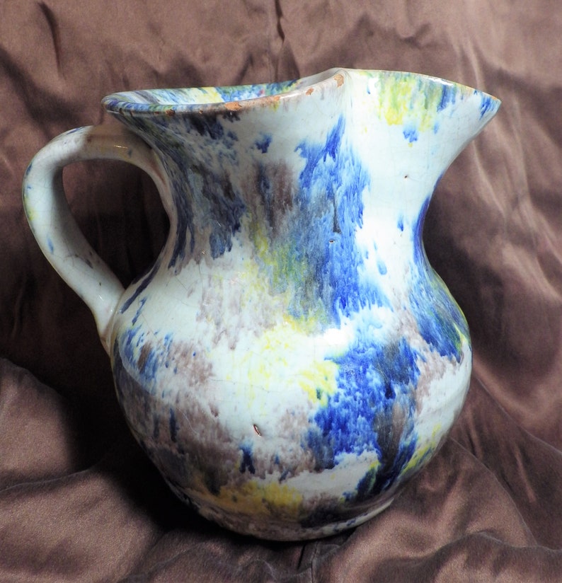 Early Unsigned Cole Pottery Milk Pitcher Squat Jug Multi Color Etsy