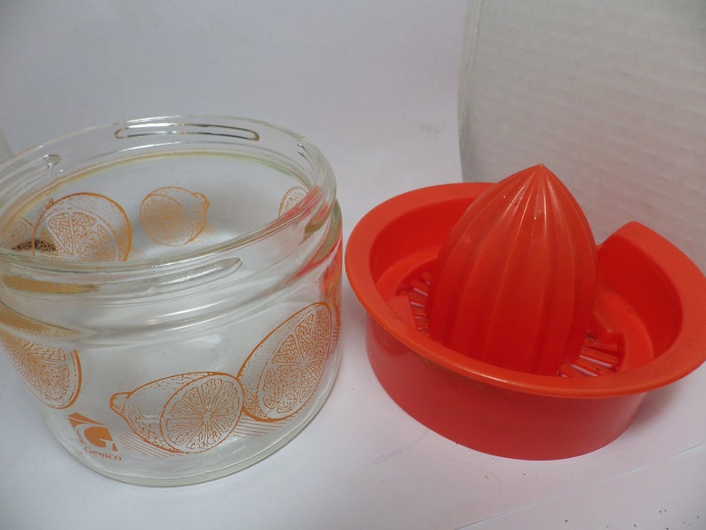 1970s Vintage GEMCO Small Glass Juicer The Juice Press with Citrus Fruits Design