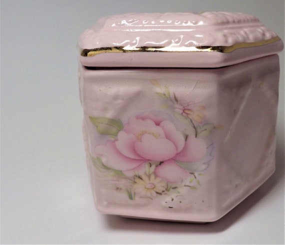 Vintage Trinket Box Pink Rose CROWN Bone China En… - image 2