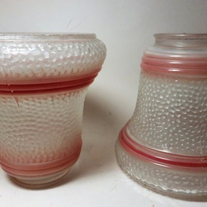 1930s Pair Antique Glass Lamp Shades Textured Frosted Glass With Pink Bands Bell Shape
