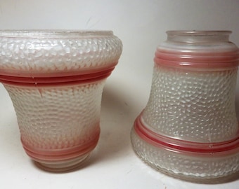 1930s Pair Antique Glass Lamp Shades Textured Frosted Glass With Pink Bands Bell Shape