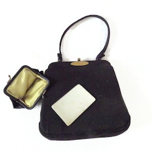 Circa 1950s True Vintage Handbag/ Matching Coin Purse/ Spotlight Exclusive/ Black Fabric/ Brass  Plate