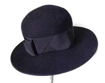 Vintage Curt JR Black Wool Felt Hat/Tom Hann/ Wide Brim/ Grosgrain Band & Bow