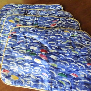 Vintage 1990s Cotton Place Mats: Abstract Print, Yellow Piping - Set of 4