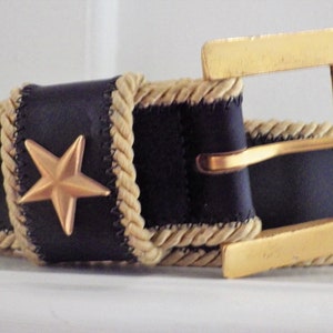 1990s Vintage Joan and David Too Belt/ Calfskin Leather/ Gold Star Size SMALL