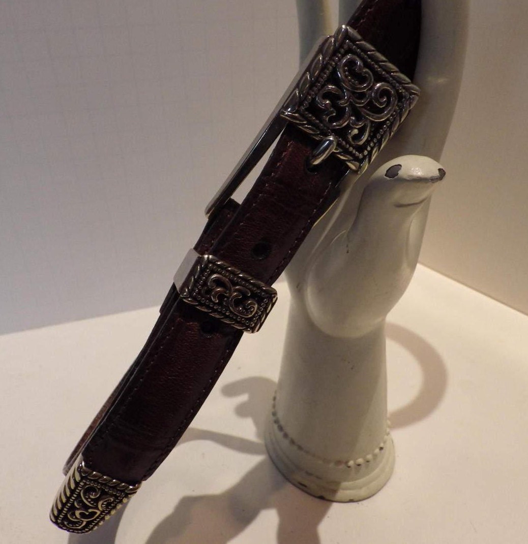 1990s Vintage BRIGHTON Brown Leather Belt Ornate Silver Tone  display picture 3