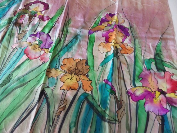 Gorgeous Hand Painted Silk Scarf/ Irises/ Signed/… - image 2