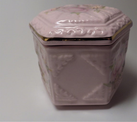Vintage Trinket Box Pink Rose CROWN Bone China En… - image 3