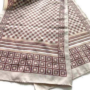 Vintage Scarf/ Rectangular/ Tan/ White/ Brown/ Geometric Print