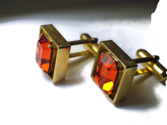 Vintage Cufflinks Emerald Cut Orange "Gems" Gold … - image 6
