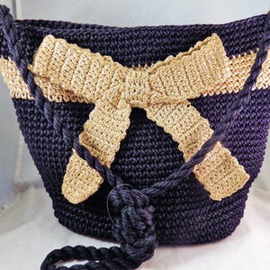 1980s Vintage Timmy Woods Beverly Hills Black Crochet Bag with Gold Metallic Bow