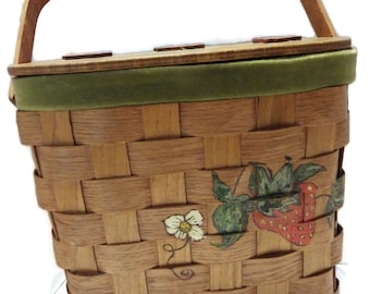 Vintage Woven Wood Basket Handbag Strawberry Hand Painted