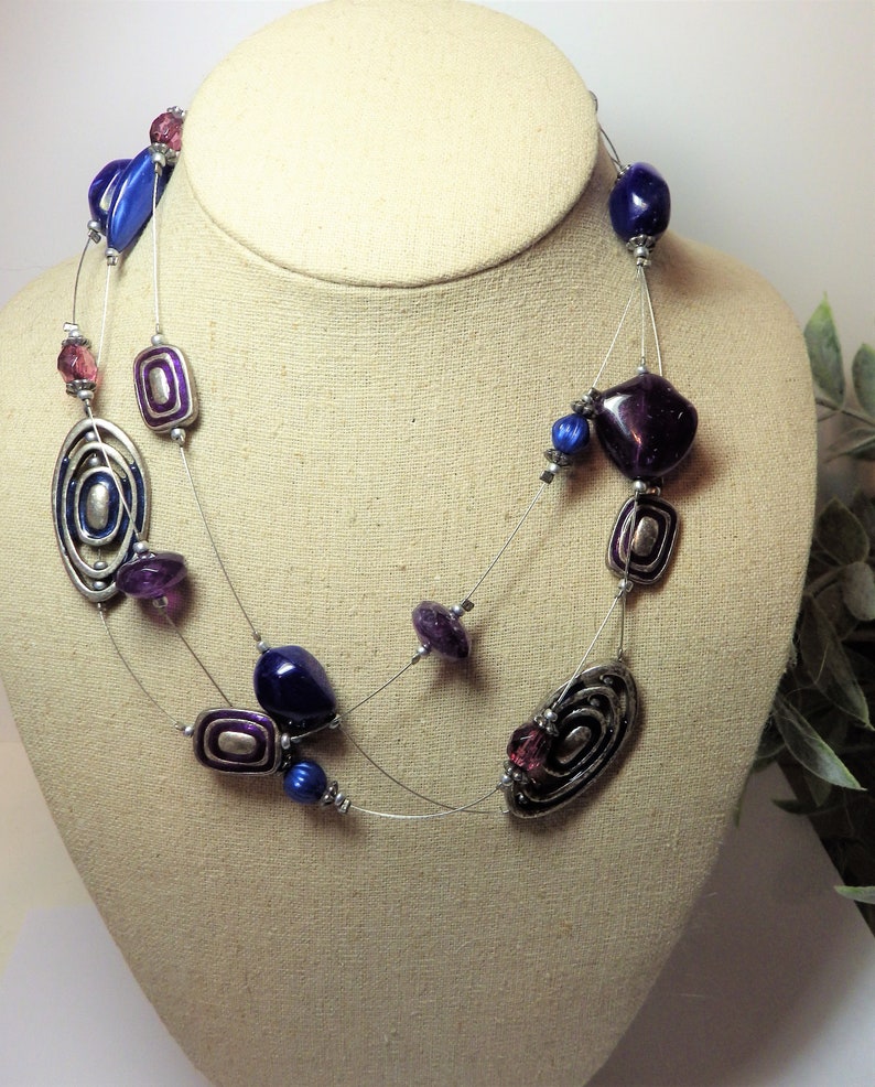 Vintage Illusion Necklace Silver Tone with Royal Blue /& Purple Beads 20