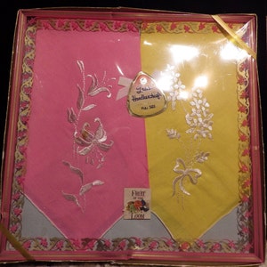 1950s Vintage Cotton Handkerchiefs Pink and Yellow Embroidered Mint in Box Fruit of the Loom image 1