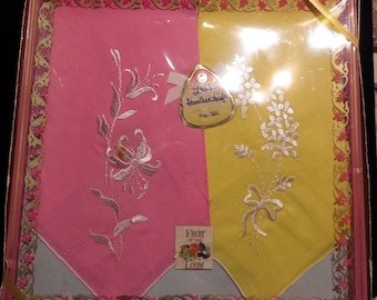 1950s Vintage Cotton Handkerchiefs Pink and Yellow Embroidered Mint in Box Fruit of the Loom