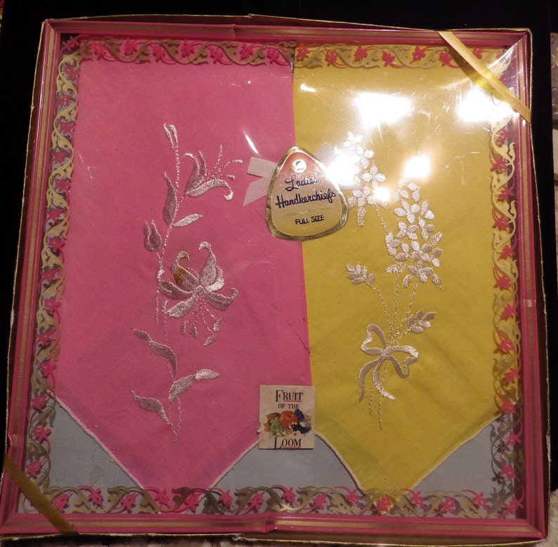 1950s Vintage Cotton Handkerchiefs Pink and Yellow Embroidered Mint in Box Fruit of the Loom image 1