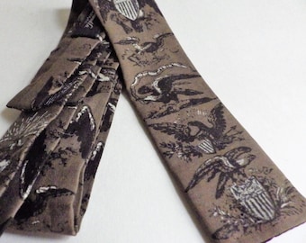 1960s Vintage ROOSTER Tie Skinny Thin Narrow Americana Print Eagle Shield ThemeGray Black White