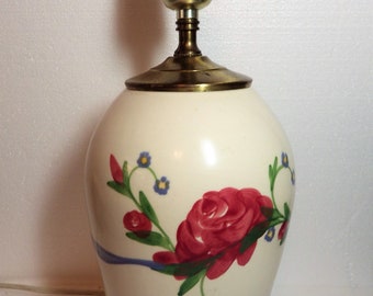 1990s Vintage Table Lamp EMERSON CREEK Pottery White with Red Roses Blue Ribbons