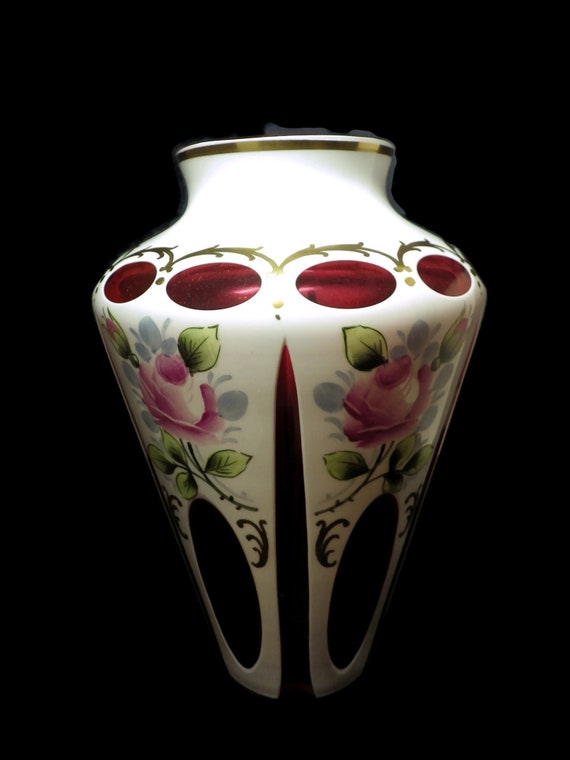 1940s Large White Cased Arcadia Cranberry Vase West Germany Art