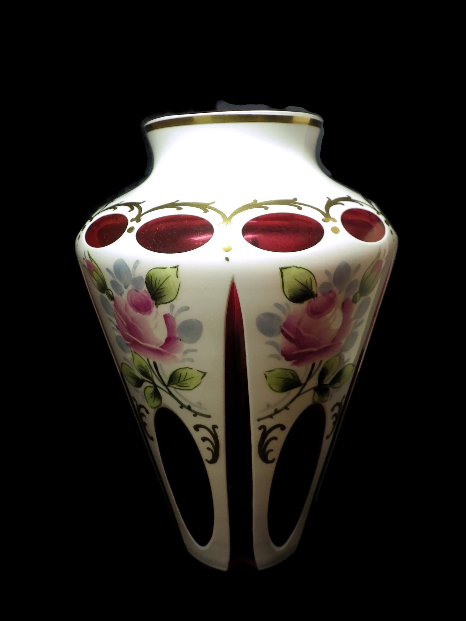 1940S Large White Cased Arcadia Cranberry Vase West Germany Art Glass Hand Painted Roses