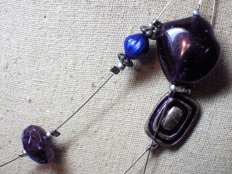 Vintage Illusion Necklace Silver Tone with Royal Blue /& Purple Beads 20